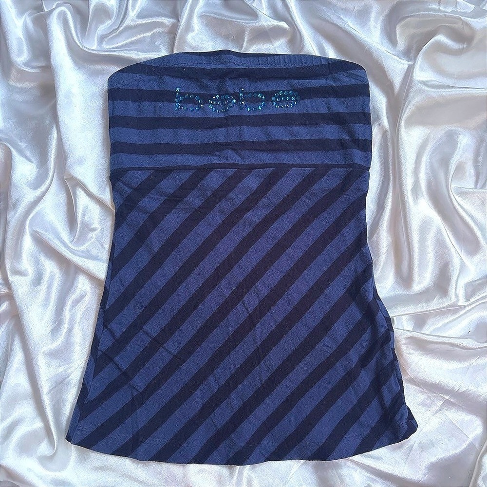 y2k Bebe Tube Top Blue Rhinestone Logo Striped Strapless Shirt